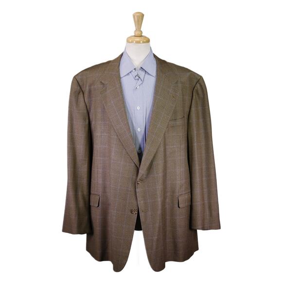 Burberry London Brown Blue Windowpane Wool Silk Sportcoat Blazer 56L Portly - Picture 1 of 8